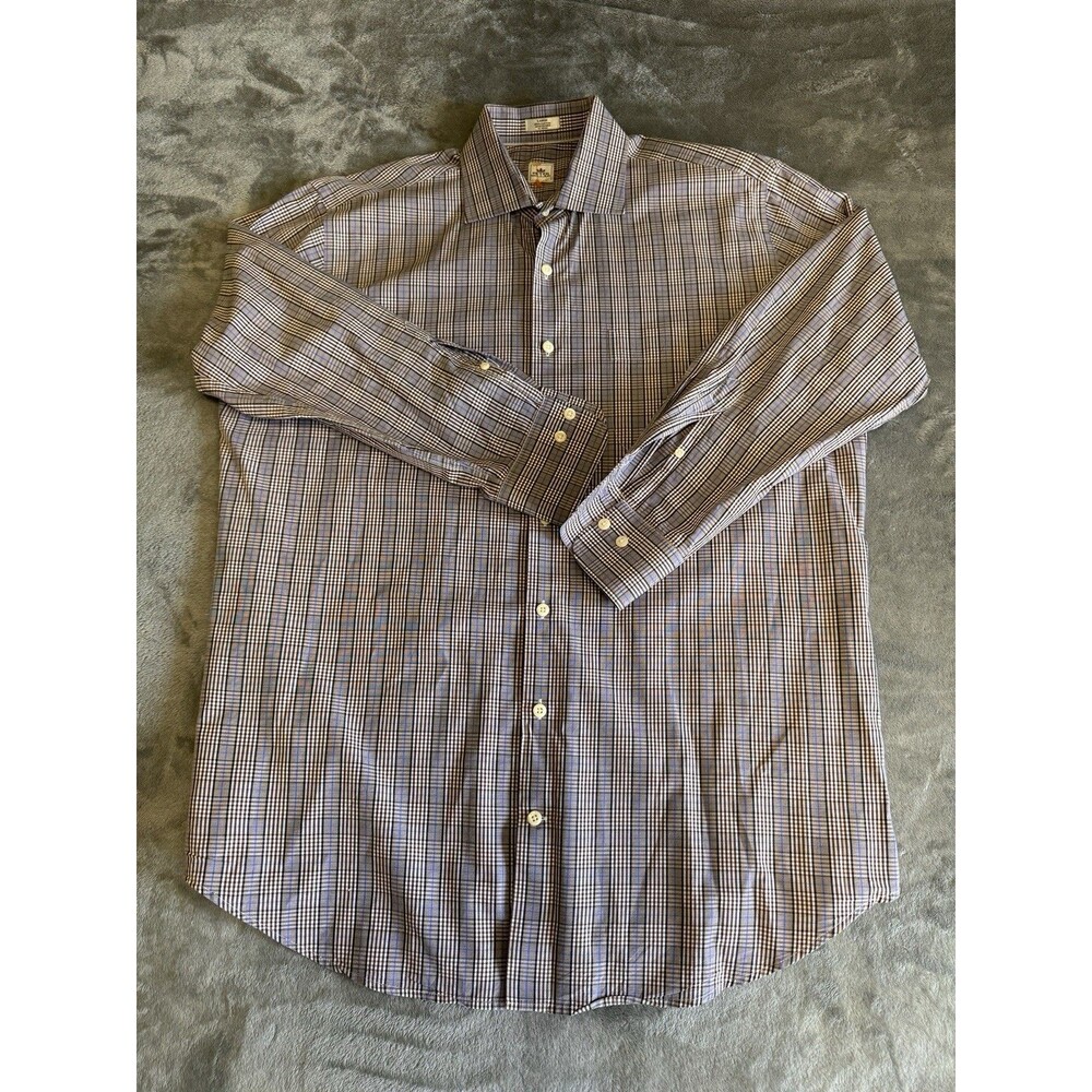 Peter Millar Mens Shirt Men L Brown/Blue Check Gingham Long Sleeve Button-Up